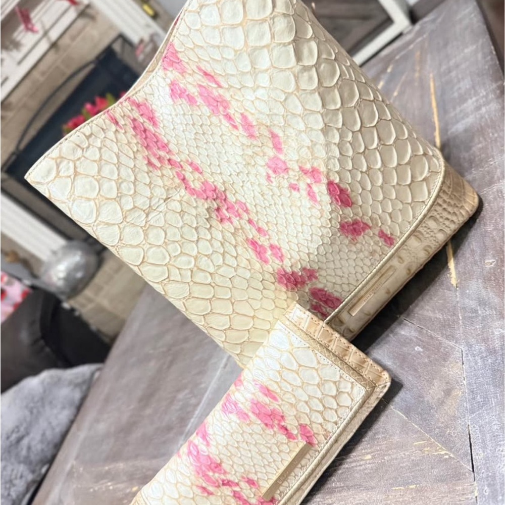 Brahmin Cream Snake-Embossed Shoulder Bag with Pink Accents